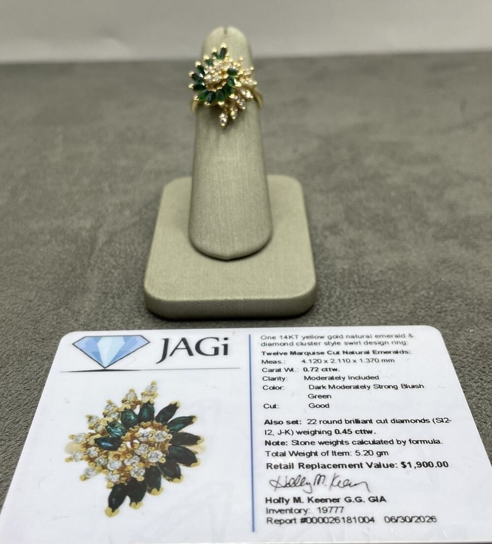14K Yellow Gold Natural Emerald & Diamond Cluster Style Swirl Ring (19777)